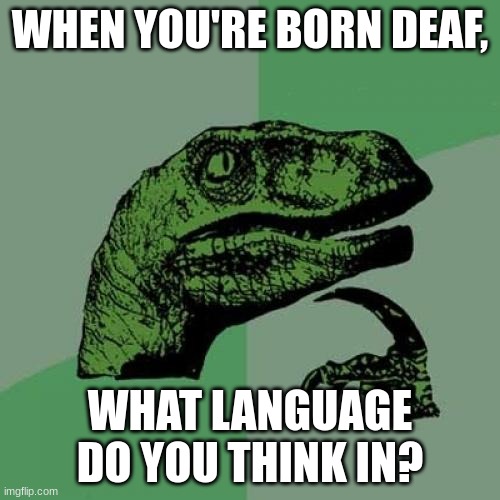 Philosoraptor Meme | WHEN YOU'RE BORN DEAF, WHAT LANGUAGE DO YOU THINK IN? | image tagged in memes,philosoraptor | made w/ Imgflip meme maker