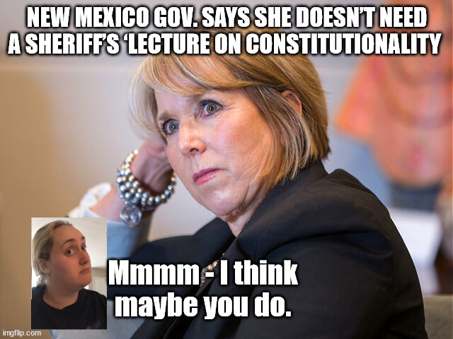 NEW MEXICO GOV. SAYS SHE DOESN’T NEED A SHERIFF’S ‘LECTURE ON CONSTITUTIONALITY; Mmmm - I think maybe you do. | image tagged in grisham,the constitution,liberal entitlement | made w/ Imgflip meme maker