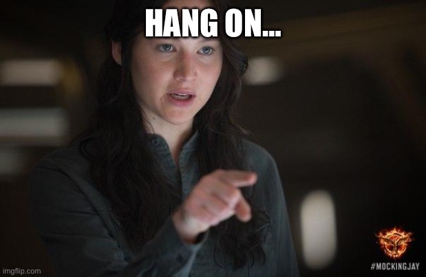Demanding Katniss | HANG ON… | image tagged in demanding katniss | made w/ Imgflip meme maker