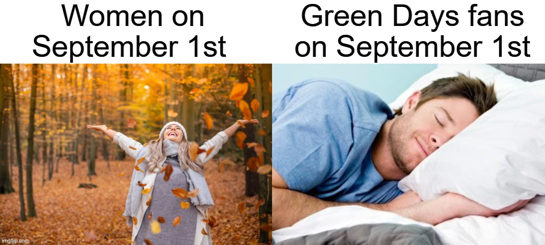 Wake Me Up When September Ends | Women on September 1st; Green Days fans on September 1st | image tagged in sleeping,september,fall,autumn,green day | made w/ Imgflip meme maker