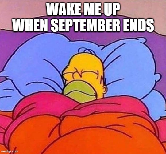 WAKE ME UP WHEN SEPTEMBER ENDS | image tagged in homer simpson sleeping peacefully | made w/ Imgflip meme maker
