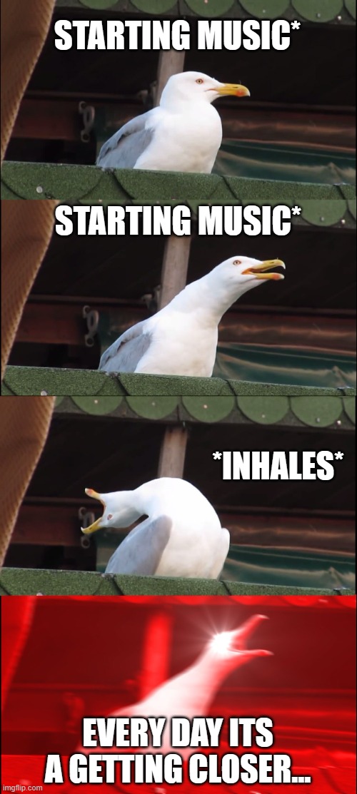 going faster than a rollercoaster | STARTING MUSIC*; STARTING MUSIC*; *INHALES*; EVERY DAY ITS A GETTING CLOSER... | image tagged in memes,inhaling seagull | made w/ Imgflip meme maker