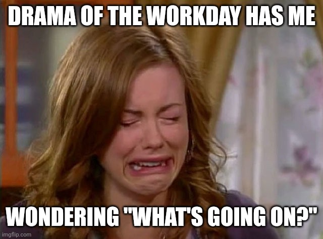Sobbing face | DRAMA OF THE WORKDAY HAS ME; WONDERING "WHAT'S GOING ON?" | image tagged in sobbing face | made w/ Imgflip meme maker