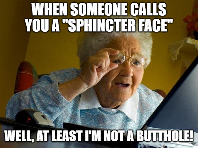 Grandma Finds The Internet | WHEN SOMEONE CALLS YOU A "SPHINCTER FACE"; WELL, AT LEAST I'M NOT A BUTTHOLE! | image tagged in memes,grandma finds the internet | made w/ Imgflip meme maker