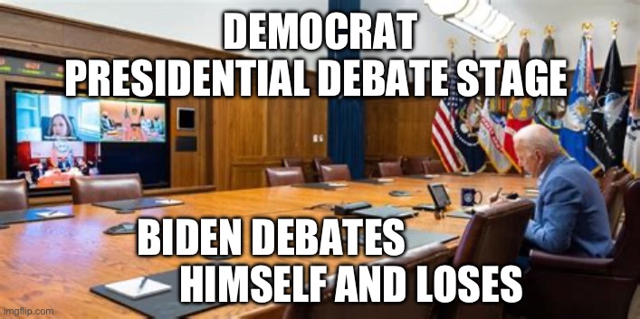 Biden flip flops on most policy issues | DEMOCRAT PRESIDENTIAL DEBATE STAGE; BIDEN DEBATES                      HIMSELF AND LOSES | image tagged in biden alone,democratic party,hypocrisy,presidential debate,incompetence | made w/ Imgflip meme maker