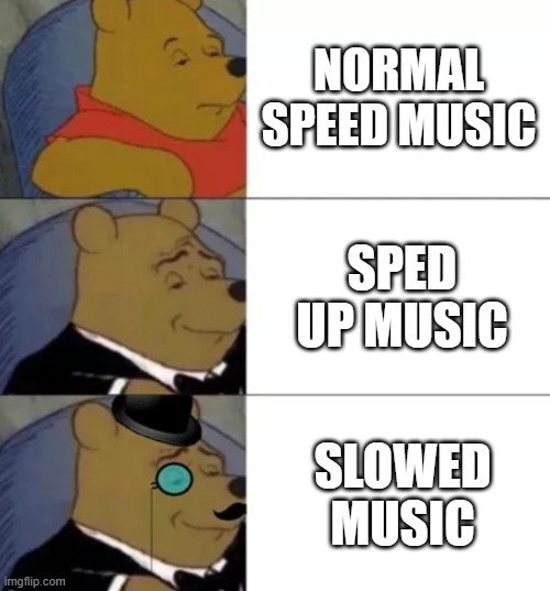 Types of music | NORMAL SPEED MUSIC; SPED UP MUSIC; SLOWED MUSIC | image tagged in fancy pooh | made w/ Imgflip meme maker