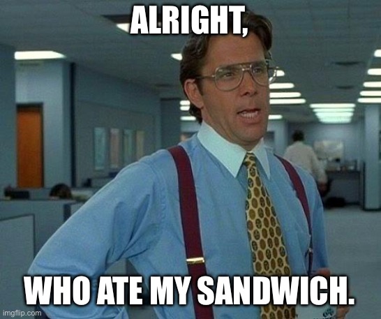 That was my lunch!!! | ALRIGHT, WHO ATE MY SANDWICH. | image tagged in memes,that would be great | made w/ Imgflip meme maker