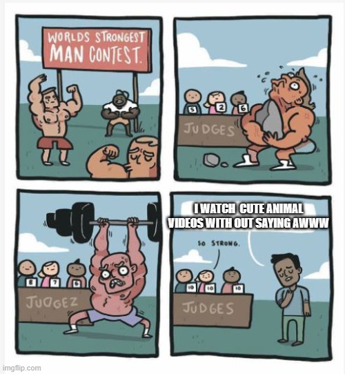 so strong | I WATCH  CUTE ANIMAL VIDEOS WITH OUT SAYING AWWW | image tagged in world strongest man | made w/ Imgflip meme maker