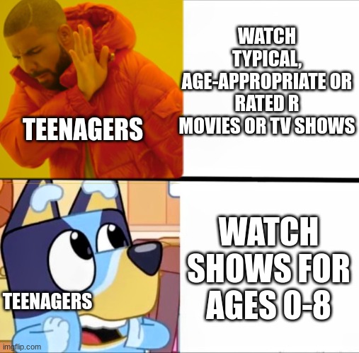 Why is this so true? | WATCH TYPICAL, AGE-APPROPRIATE OR RATED R MOVIES OR TV SHOWS; TEENAGERS; WATCH SHOWS FOR AGES 0-8; TEENAGERS | image tagged in bluey drake | made w/ Imgflip meme maker