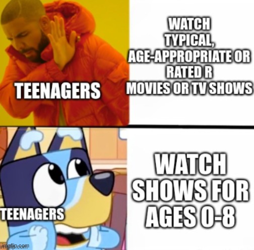 Why is this so true | image tagged in bluey drake,tv shows,teenagers | made w/ Imgflip meme maker