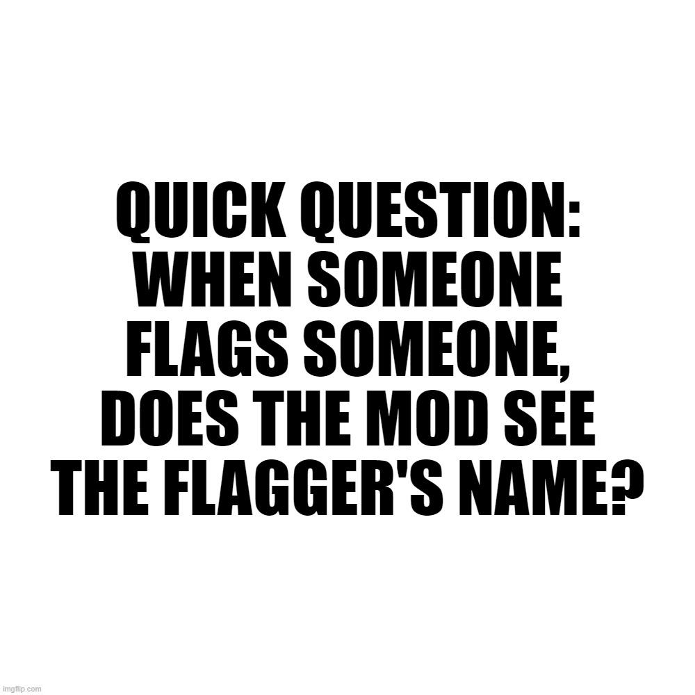 I would greatly appreciate proof with images. | QUICK QUESTION:
WHEN SOMEONE FLAGS SOMEONE,
DOES THE MOD SEE THE FLAGGER'S NAME? | image tagged in memes,blank transparent square | made w/ Imgflip meme maker