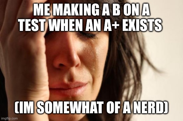 B is low expectations | ME MAKING A B ON A TEST WHEN AN A+ EXISTS; (IM SOMEWHAT OF A NERD) | image tagged in memes,first world problems | made w/ Imgflip meme maker