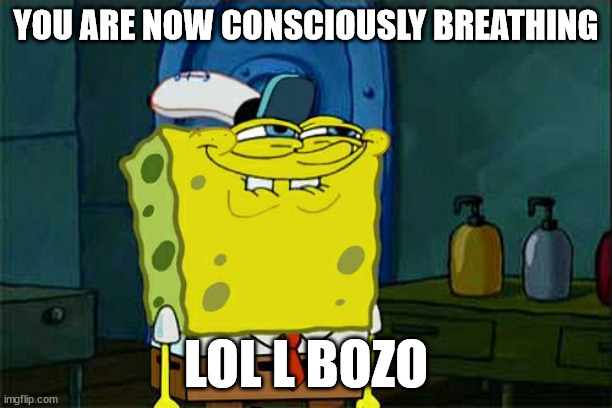 lol kid | YOU ARE NOW CONSCIOUSLY BREATHING; LOL L BOZO | image tagged in memes,don't you squidward | made w/ Imgflip meme maker