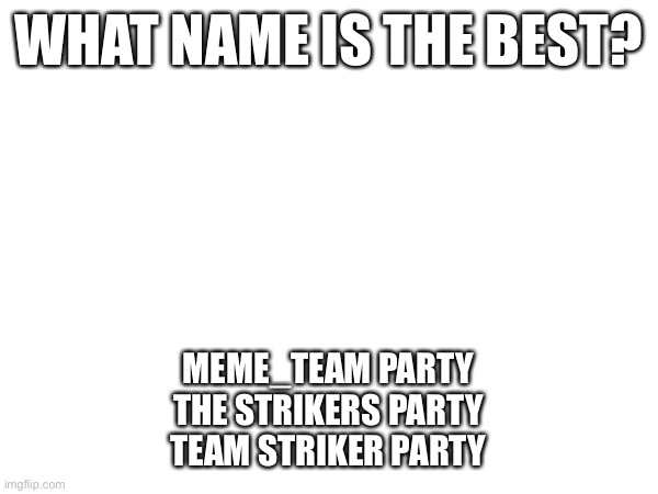 WHAT NAME IS THE BEST? MEME_TEAM PARTY
THE STRIKERS PARTY
TEAM STRIKER PARTY | made w/ Imgflip meme maker