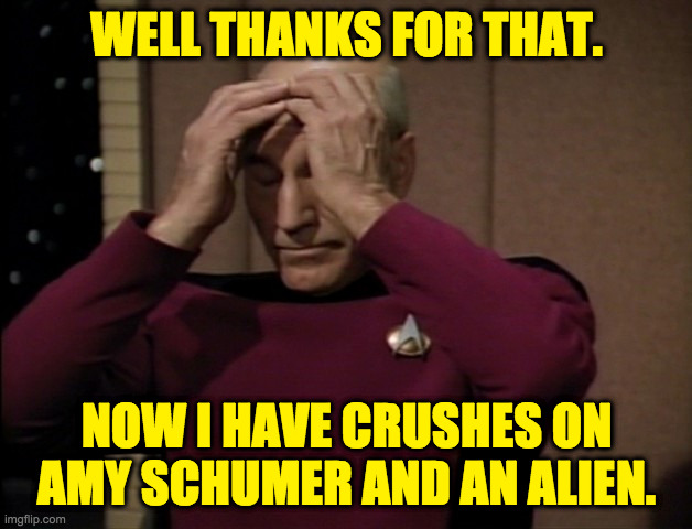 Star Trek Picard Disappointed | WELL THANKS FOR THAT. NOW I HAVE CRUSHES ON AMY SCHUMER AND AN ALIEN. | image tagged in star trek picard disappointed | made w/ Imgflip meme maker