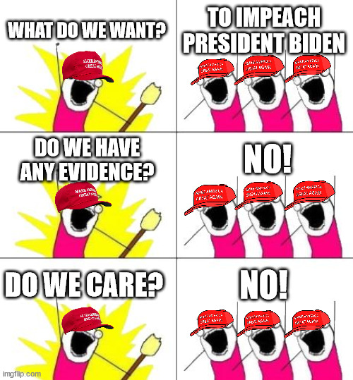 What Do We Want 3 Meme | WHAT DO WE WANT? TO IMPEACH PRESIDENT BIDEN; NO! DO WE HAVE ANY EVIDENCE? NO! DO WE CARE? | image tagged in memes,what do we want 3 | made w/ Imgflip meme maker