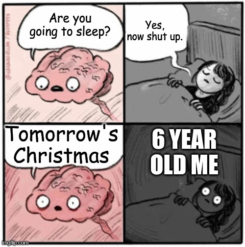 Brain Before Sleep | Yes, now shut up. Are you going to sleep? Tomorrow's Christmas; 6 YEAR OLD ME | image tagged in brain before sleep,meme,christmas | made w/ Imgflip meme maker