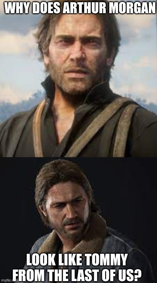 i played the last of us first but when i played red dead redemption it was so hard to not look at arthur like he was tommy lmao | WHY DOES ARTHUR MORGAN; LOOK LIKE TOMMY FROM THE LAST OF US? | image tagged in oh wow are you actually reading these tags | made w/ Imgflip meme maker