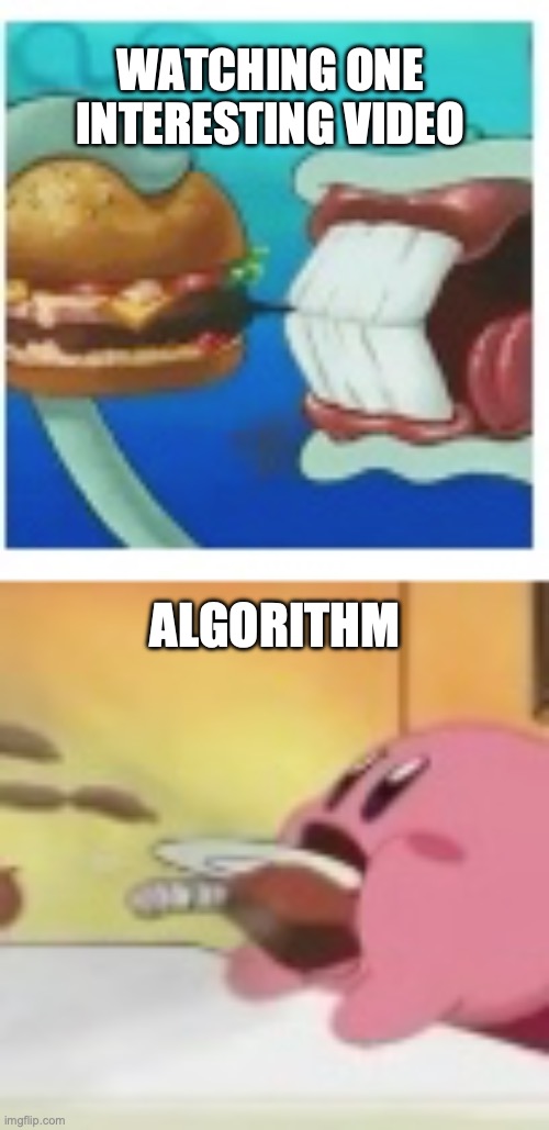 Algorithm | WATCHING ONE INTERESTING VIDEO; ALGORITHM | image tagged in funny memes,eating,so true memes | made w/ Imgflip meme maker