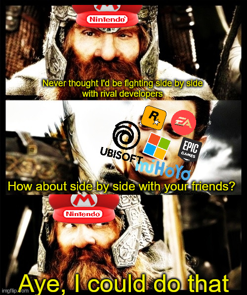 Time to ratio Unity. | Never thought I'd be fighting side by side
with rival developers; How about side by side with your friends? Aye, I could do that | image tagged in lotr - side by side with a friend,unity,video games,lotr | made w/ Imgflip meme maker