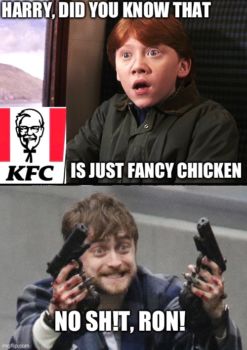 Did you know that… | HARRY, DID YOU KNOW THAT; IS JUST FANCY CHICKEN; NO SH!T, RON! | image tagged in ron weasly,guns akimbo | made w/ Imgflip meme maker