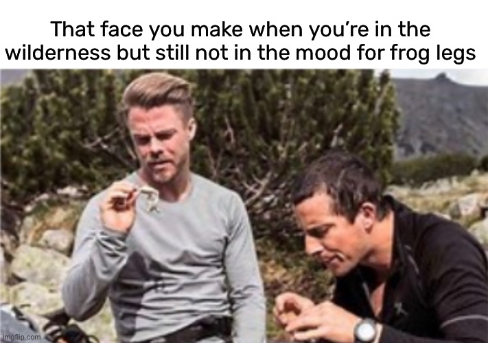 not quite hungry enough lol | That face you make when you’re in the wilderness but still not in the mood for frog legs | image tagged in funny,food,meme,bear grylls,derek hough,man vs wild | made w/ Imgflip meme maker