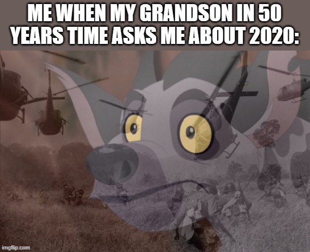 vietnam hyena | ME WHEN MY GRANDSON IN 50 YEARS TIME ASKS ME ABOUT 2020: | image tagged in vietnam hyena | made w/ Imgflip meme maker