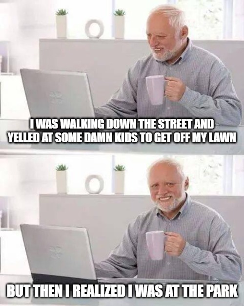 Hide the Pain Harold | I WAS WALKING DOWN THE STREET AND YELLED AT SOME DAMN KIDS TO GET OFF MY LAWN; BUT THEN I REALIZED I WAS AT THE PARK | image tagged in memes,hide the pain harold | made w/ Imgflip meme maker