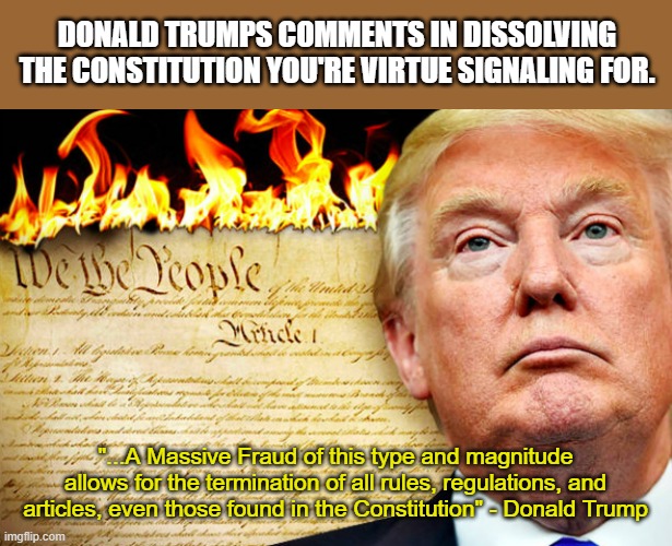 Trump and Republicans Burning the Constitution | DONALD TRUMPS COMMENTS IN DISSOLVING THE CONSTITUTION YOU'RE VIRTUE SIGNALING FOR. "...A Massive Fraud of this type and magnitude allows for | image tagged in trump and republicans burning the constitution | made w/ Imgflip meme maker