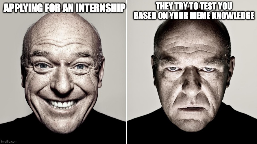 when they try to judge you on you meme skills | THEY TRY TO TEST YOU BASED ON YOUR MEME KNOWLEDGE; APPLYING FOR AN INTERNSHIP | image tagged in dean norris's reaction | made w/ Imgflip meme maker