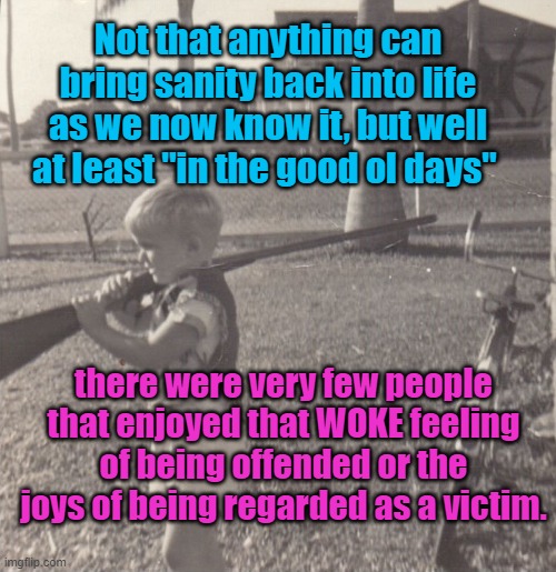 The good old days | Not that anything can bring sanity back into life as we now know it, but well at least "in the good ol days"; Yarra Man; there were very few people that enjoyed that WOKE feeling of being offended or the joys of being regarded as a victim. | image tagged in woke,offended,victims,progressive,conservative,left | made w/ Imgflip meme maker