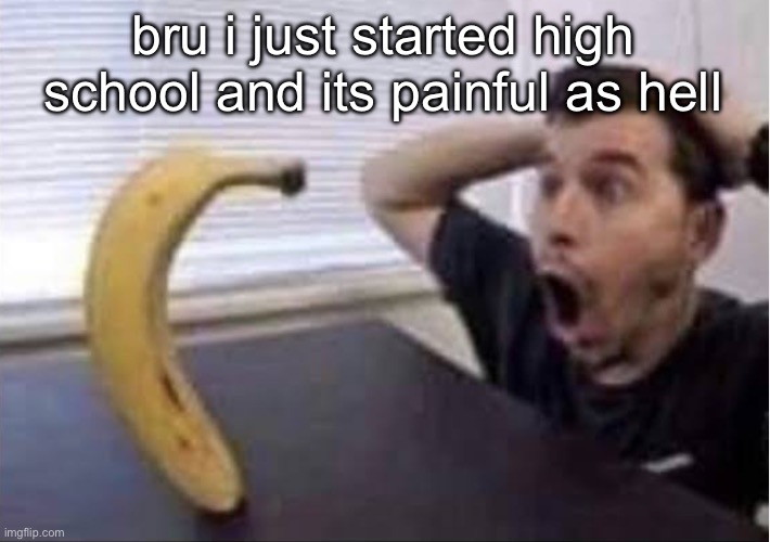 I have to wake up at 4 now | bru i just started high school and its painful as hell | image tagged in banana standing up | made w/ Imgflip meme maker