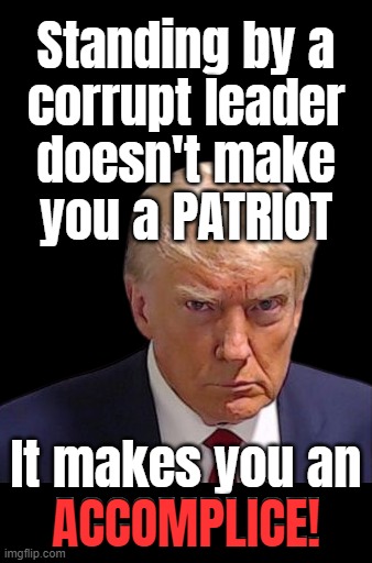 Standing by a
corrupt leader
doesn't make
you a PATRIOT; ACCOMPLICE! | made w/ Imgflip meme maker