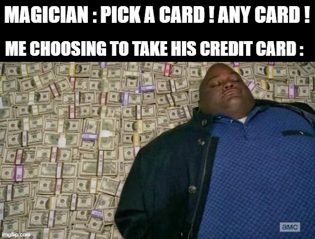 I love magicians ! | MAGICIAN : PICK A CARD ! ANY CARD ! ME CHOOSING TO TAKE HIS CREDIT CARD : | image tagged in huell money | made w/ Imgflip meme maker