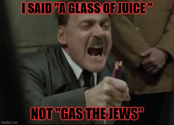 (＃°Д°) | I SAID "A GLASS OF JUICE "; NOT "GAS THE JEWS" | image tagged in hitler downfall | made w/ Imgflip meme maker