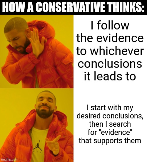 Drake Hotline Bling Meme | HOW A CONSERVATIVE THINKS:; I follow the evidence to whichever conclusions it leads to; I start with my
desired conclusions,
then I search
for "evidence"
that supports them | image tagged in memes,drake hotline bling,thinking,evidence,bias,conservative logic | made w/ Imgflip meme maker