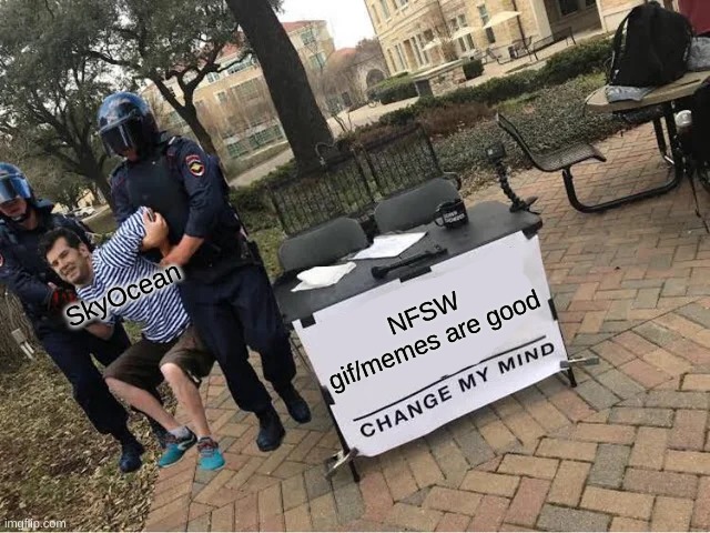 Change My Mind Guy Arrested | SkyOcean; NFSW gif/memes are good | image tagged in change my mind guy arrested | made w/ Imgflip meme maker