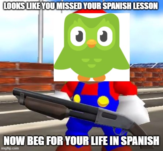 SMG4 Shotgun Mario | LOOKS LIKE YOU MISSED YOUR SPANISH LESSON; NOW BEG FOR YOUR LIFE IN SPANISH | image tagged in smg4 shotgun mario | made w/ Imgflip meme maker