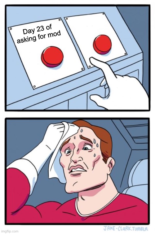 Two Buttons Meme | Day 23 of asking for mod | image tagged in memes,two buttons | made w/ Imgflip meme maker