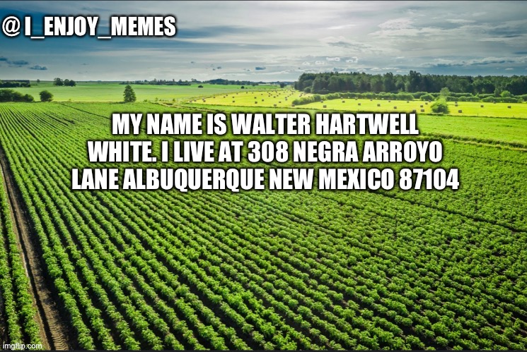 As promised | MY NAME IS WALTER HARTWELL WHITE. I LIVE AT 308 NEGRA ARROYO LANE ALBUQUERQUE NEW MEXICO 87104 | image tagged in i_enjoy_memes_template | made w/ Imgflip meme maker