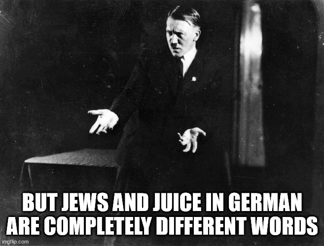 Confused Hitler | BUT JEWS AND JUICE IN GERMAN ARE COMPLETELY DIFFERENT WORDS | image tagged in confused hitler | made w/ Imgflip meme maker