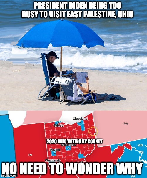 It doesn't take a rocket surgeon to figure this one out | PRESIDENT BIDEN BEING TOO BUSY TO VISIT EAST PALESTINE, OHIO; 2020 OHIO VOTING BY COUNTY; NO NEED TO WONDER WHY | image tagged in biden vacation,too busy,biden,east palestine | made w/ Imgflip meme maker