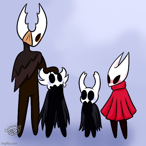 This is a drawing the gummy did of my hollow knight oc with the other vessels! | image tagged in drawing,hollow knight | made w/ Imgflip meme maker