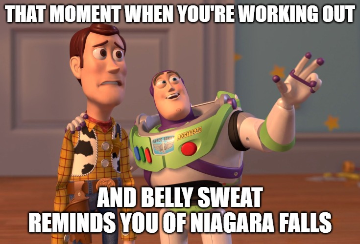 X, X Everywhere | THAT MOMENT WHEN YOU'RE WORKING OUT; AND BELLY SWEAT REMINDS YOU OF NIAGARA FALLS | image tagged in memes,x x everywhere | made w/ Imgflip meme maker