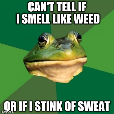 Foul Bachelor Frog | CAN'T TELL IF I SMELL LIKE WEED OR IF I STINK OF SWEAT | image tagged in memes,foul bachelor frog,AdviceAnimals | made w/ Imgflip meme maker