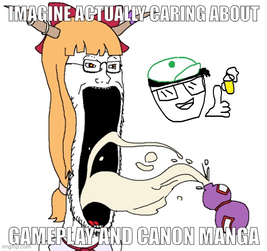 IMAGINE ACTUALLY CARING ABOUT; GAMEPLAY AND CANON MANGA | image tagged in memes,touhou,fag | made w/ Imgflip meme maker