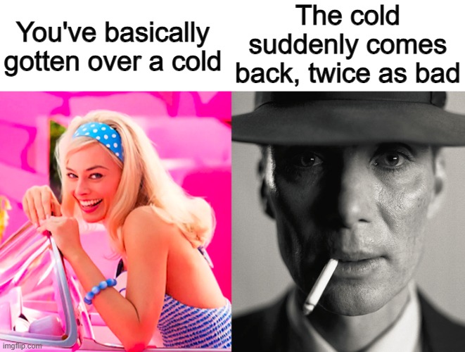 This mostly only happens to teenagers... :( | The cold suddenly comes back, twice as bad; You've basically gotten over a cold | image tagged in barbie vs oppenheimer | made w/ Imgflip meme maker