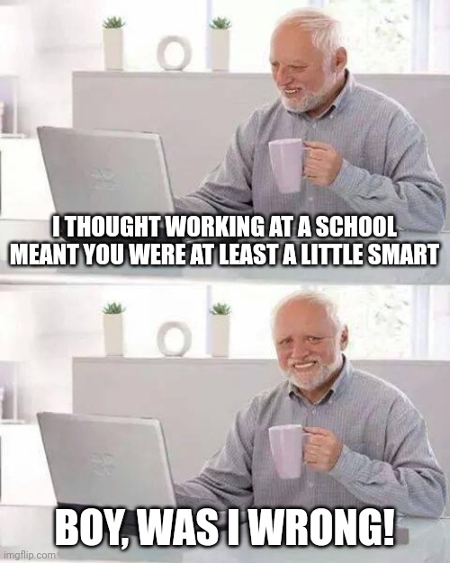 School employees | I THOUGHT WORKING AT A SCHOOL MEANT YOU WERE AT LEAST A LITTLE SMART; BOY, WAS I WRONG! | image tagged in memes,hide the pain harold | made w/ Imgflip meme maker