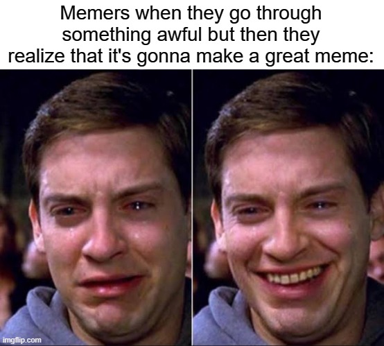 Idk if this is funny or not | Memers when they go through something awful but then they realize that it's gonna make a great meme: | image tagged in memes,why are you reading the tags | made w/ Imgflip meme maker