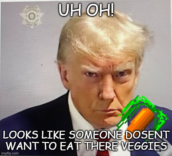 Grumpy Trump | UH OH! LOOKS LIKE SOMEONE DOSENT WANT TO EAT THERE VEGGIES | image tagged in trump mugshot | made w/ Imgflip meme maker